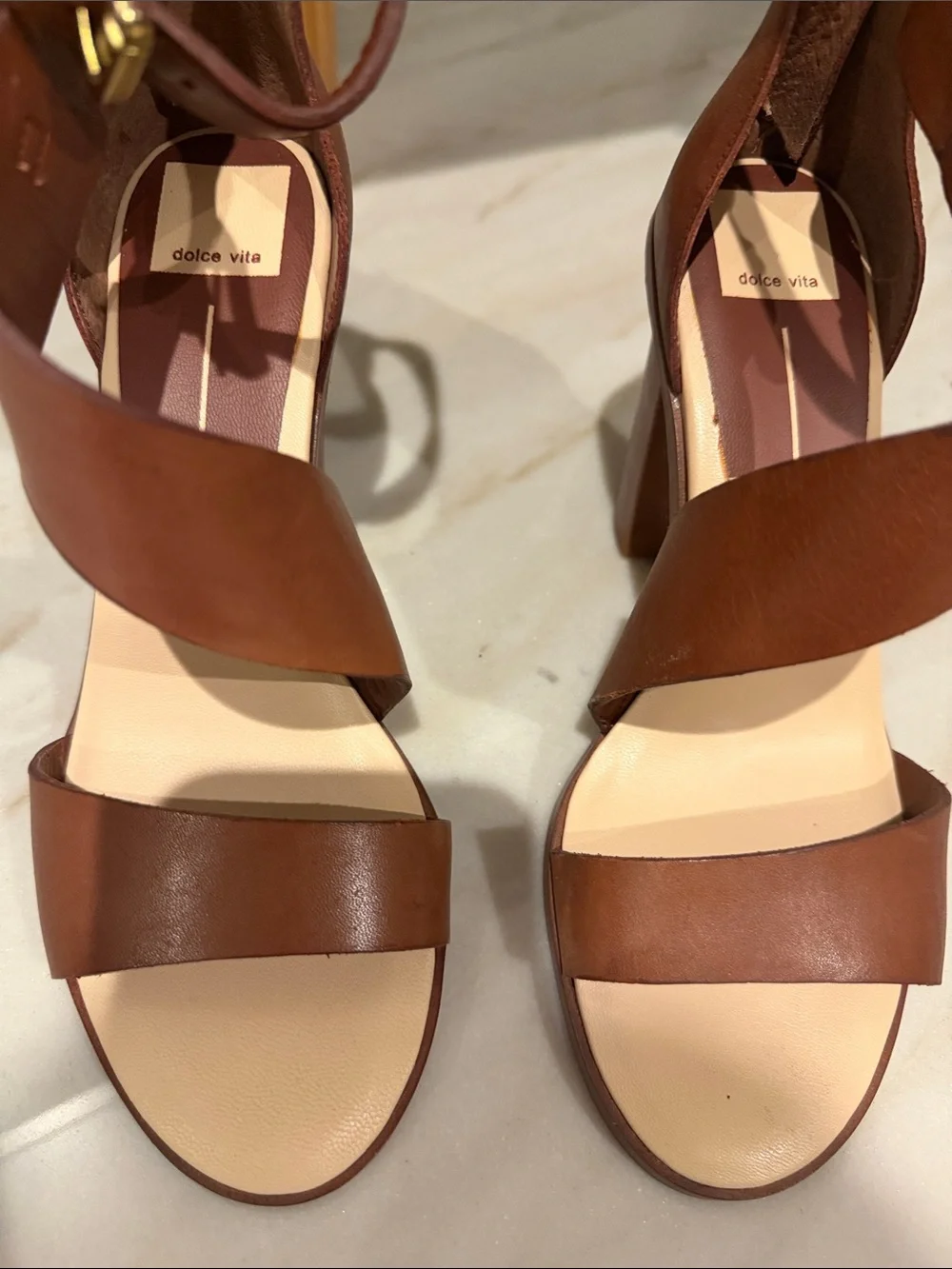 Dolce Vita Cognac Brown Leather Block Heel Sandals
